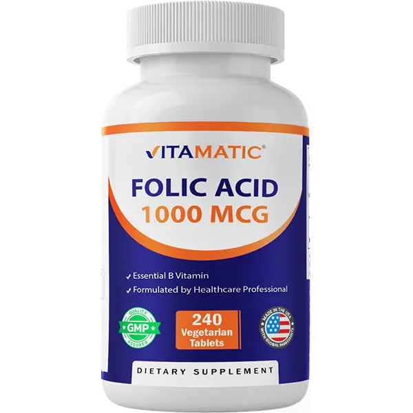 Vitamatic Folic Acid 1000 mcg (1mg) GMP-Certified Dietary Healthcare Supplement, 240 Vegetarian Vitamin B9 Tablets, GMO-Free Prenatal Aid for Adults’ Brain & Memory Health, Youth Support