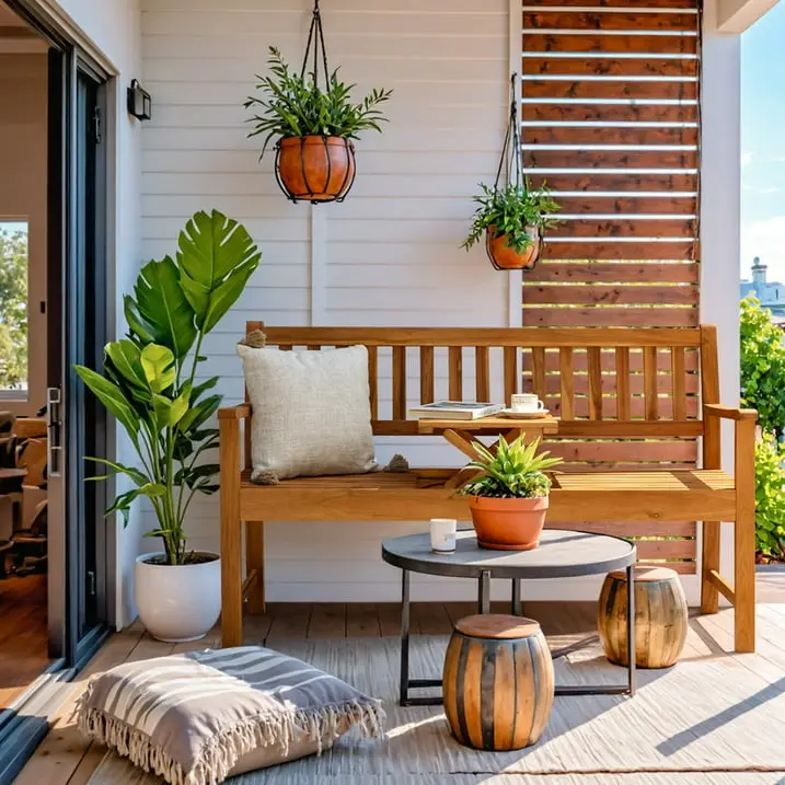 FURMAX Patio Acacia Wood Bench Loveseat with a Folding Table, Outdoor Wood Porch Chair for 2 Persons for Garden and Backyard