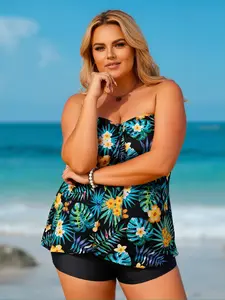 XJN Plus Size Women's Bandeau Tankini Swimsuit Two Piece with Shorts, Tropical Floral Print Modest Swimwear, Tummy Control Bathing Suit for Curvy Ladies