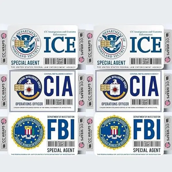 Parody Agent-Style Credit Card Sticker Set – Funny FBI | CIA | ICE Vinyl Card Skins for Debit & Credit Cards | Waterproof Matte Finish | 6-Pack