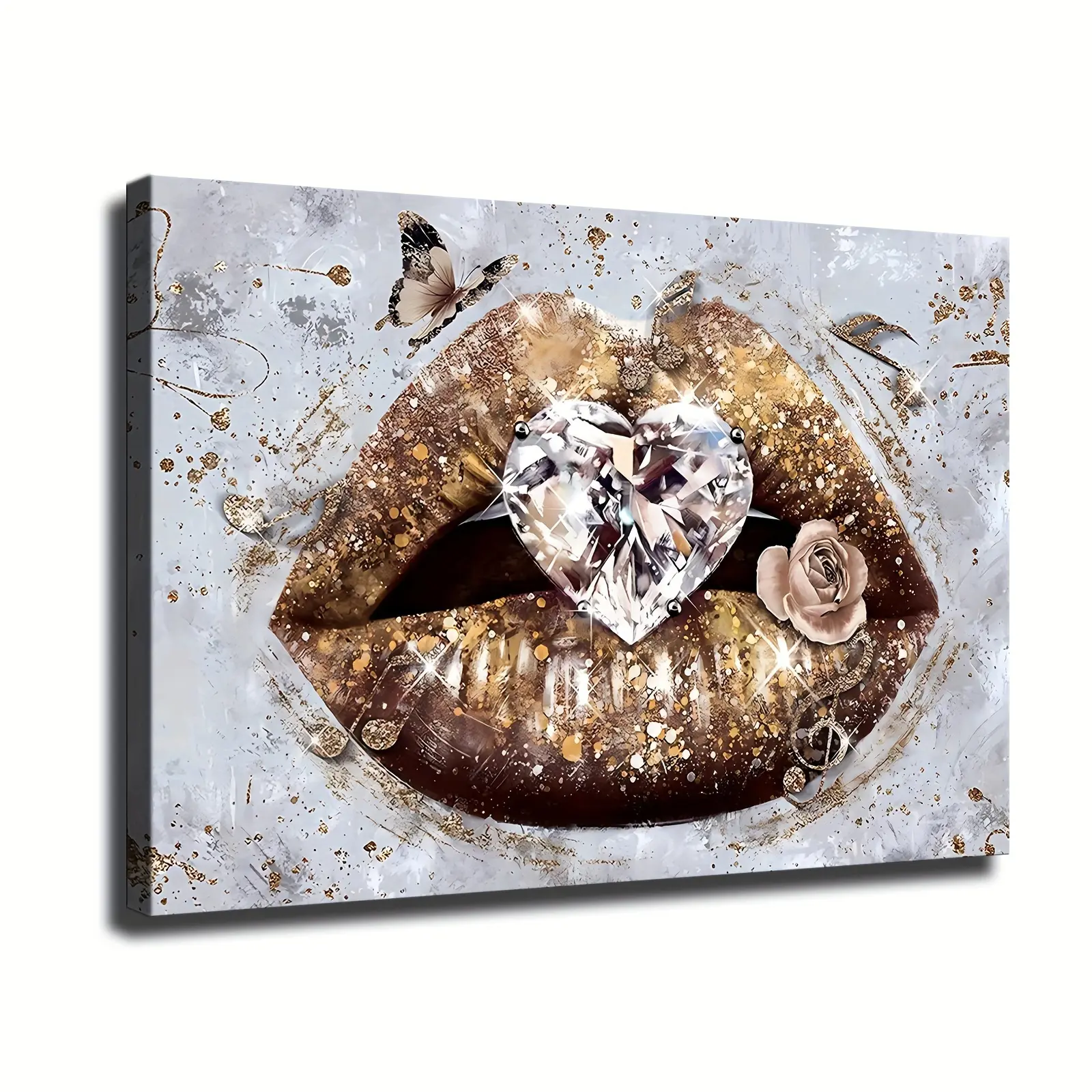 1-Piece Artistic Decorative Wrapped Canvas Painting - Wooden Frame, Diamond Heart, Gold Glitter Waterproof Lip Print Wall Art for Makeup Room Home Decor (Home Supplies)