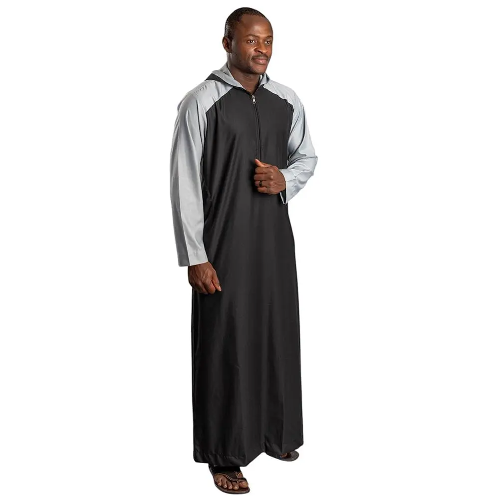 Men's Full Length Islamic Thobe - Hooded Two Tone - Black/Grey