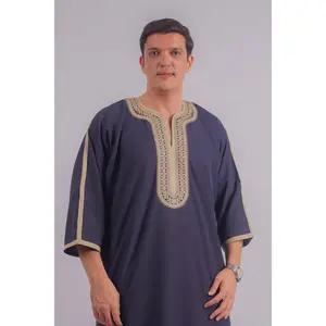 Embroidered Moroccan Thobe - Navy Blue