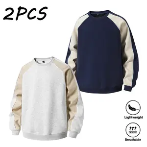 Men’s 2-pack cotton color-block crewneck sweatshirt with raglan sleeves, lightweight loose long-sleeve pullover top for everyday street casual athletic wear