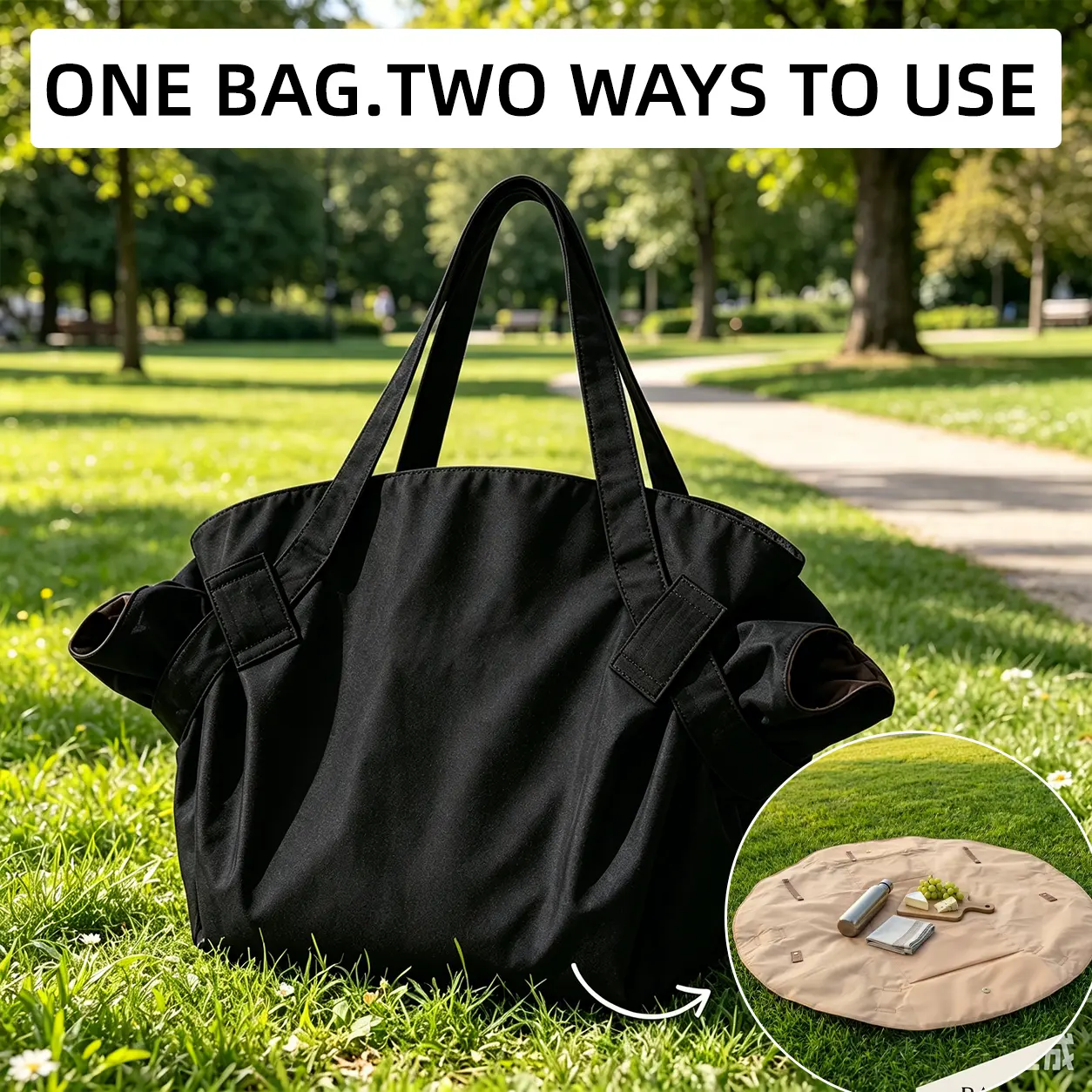 Women's Basic 2-in-1 Collapsible Lightweight Versatile Casual Everyday Reusable Tote Bag - Waterproof, Button Closure, Expandable, Durable, Circle/Rectangle Accents, Zip Pocket, Shoulder/Crossbody Straps, Outdoor Picnic Use, Casual Everyday Bag