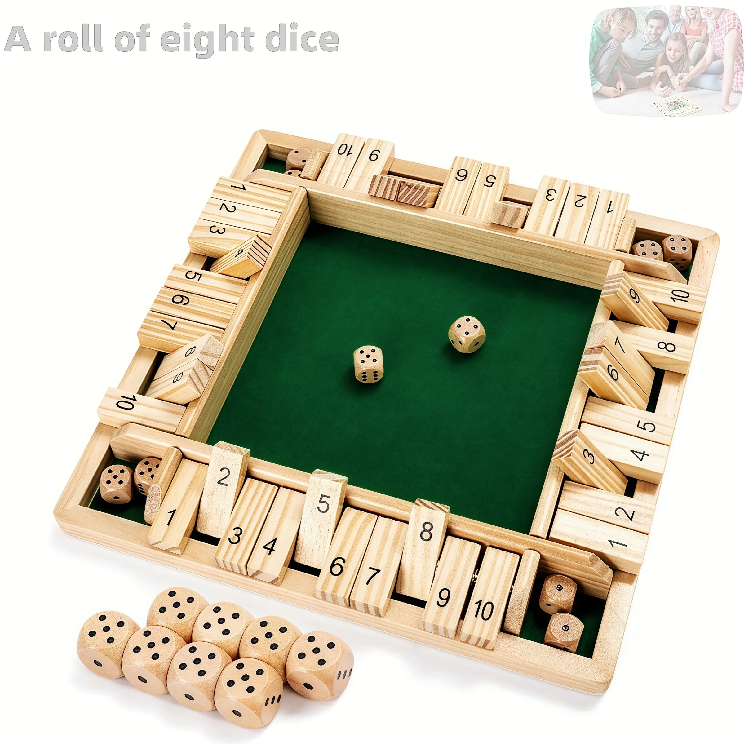 Jiajchuf Shut the Box Game Wooden Board Game, Large 4-Panel Set with 8 Dice, Fun Family Math Game for 1-4 Players, Includes Instructions