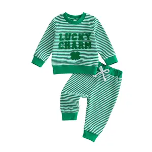 Toddler Baby Irish Striped Outfit Fashionable Long Sleeve Shamrock Embroidery Pullover with Pants 2Pcs Clothing Set