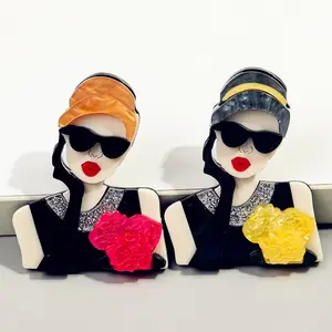 LUXJELWEL - Vintage Rose Flower Lady Acrylic Brooches Pins for Women New Cartoon Sunglasses Girl Figure Brooch Badges Jewelry Accessories
