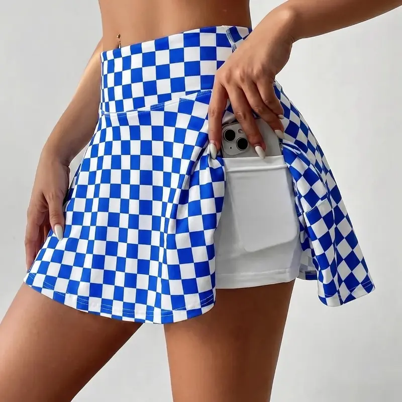 High-Waisted Plaid Tennis Skirt Pants, Two-In-One Anti-Exposure Design, Ideal for Golf, Badminton, Fitness, Summer Sports, Tennis Workout Skirt, Tennis Golf Skorts, Athletic Skort, Golf Skirts, Side Pockets, Active Skirts