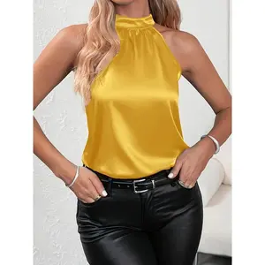 1pc Elegant Solid Color Halterneck Top, 100% Polyester Slight Stretch Fabric, Regular Fit Pullover with Button Detail, All-Season Woven Blouse for Going Out Sleeveless Chic
