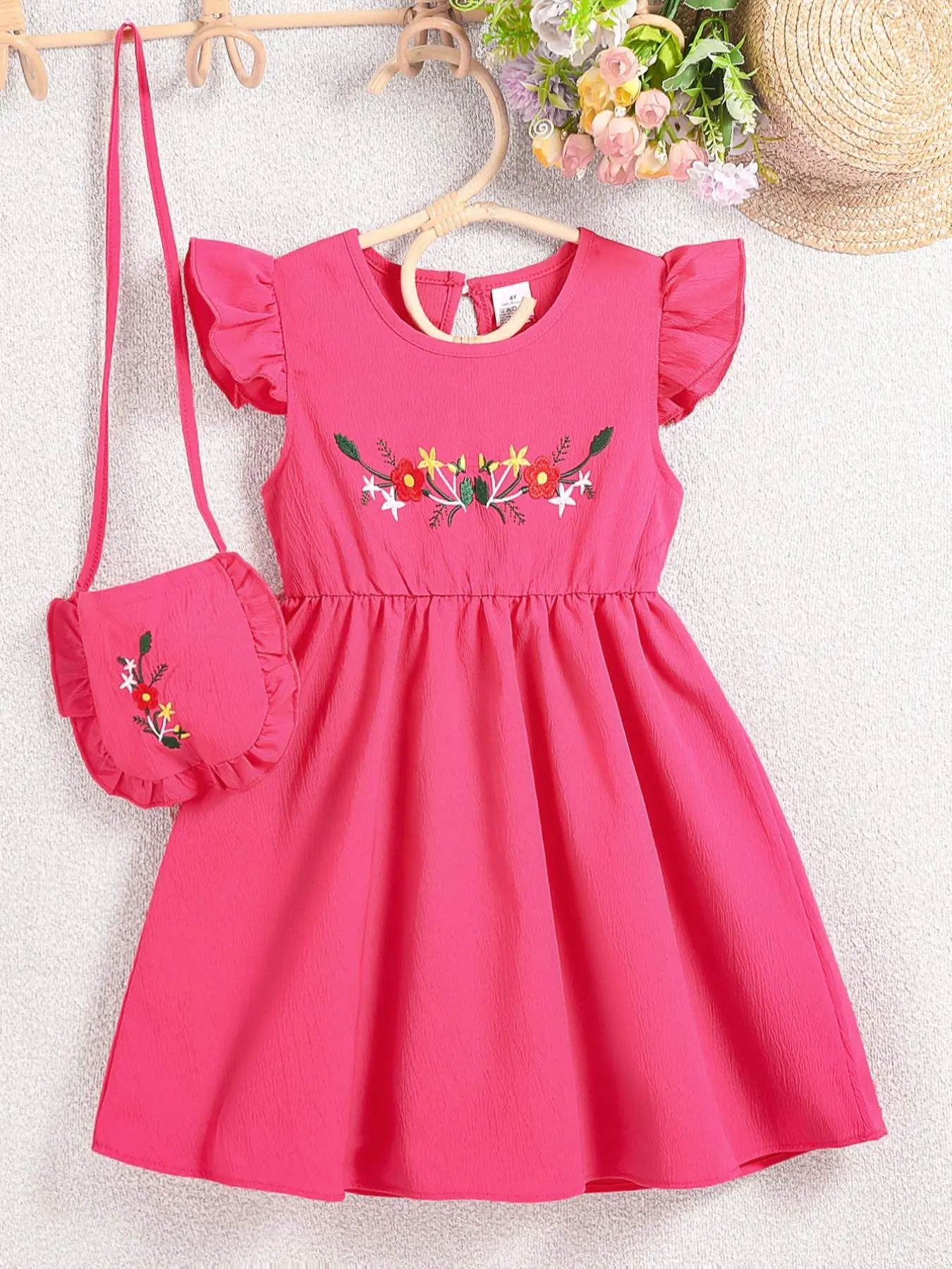 Girl's Floral Embroidery Ruffle Trim Dress & Cross Body Bag, Casual Cap Sleeve A Line Dress for Summer, Kids Clothes for Daily Wear, Summer Cute Dresses, Round Neck Dress