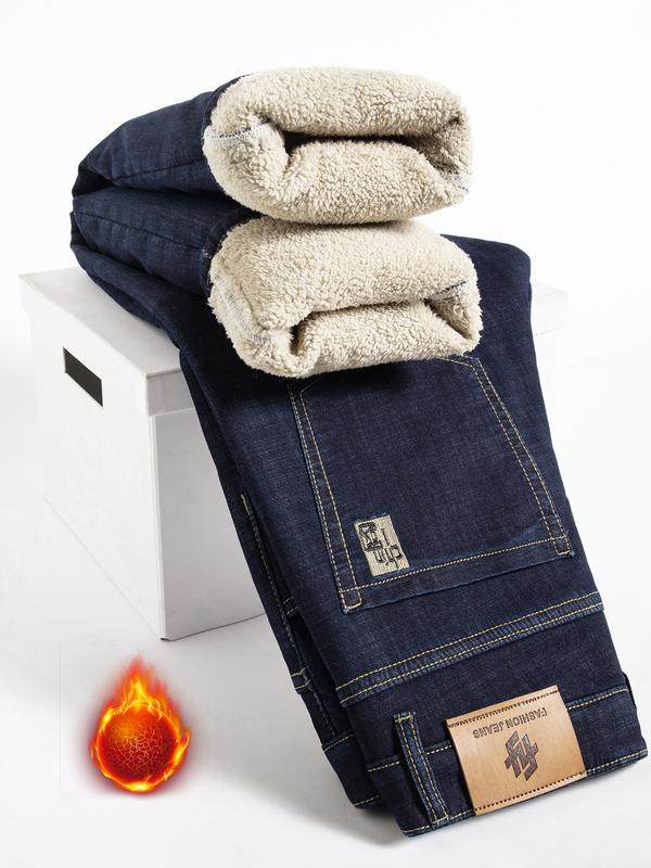 Men's Fleece-Lined Denim Jeans, Winter Casual Friday Loose Straight-Leg Warm Pants, Thickened Thermal Comfortable Men's Clothing