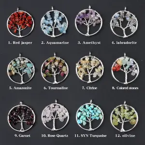 20pcs Random Natural Crystal Stone Life Tree Pendant Colorful Chakra Silk Fortune Tree Diy Accessories