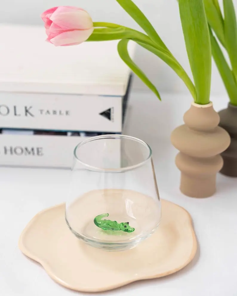 MiniZooUSA Crocodile Drinking Glass Handmade Glassware 345ml Capacity Dishwasher Safe Gift Wrapping Available Drinkware