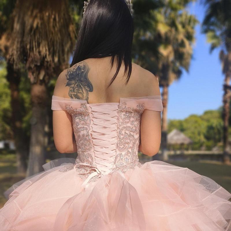 NO.27 Sequined Patterned Glitter Net Quinceañera Dress with Tulle Flounces Design On Skirt L.blue Blush Champagne Ball Gown Dress