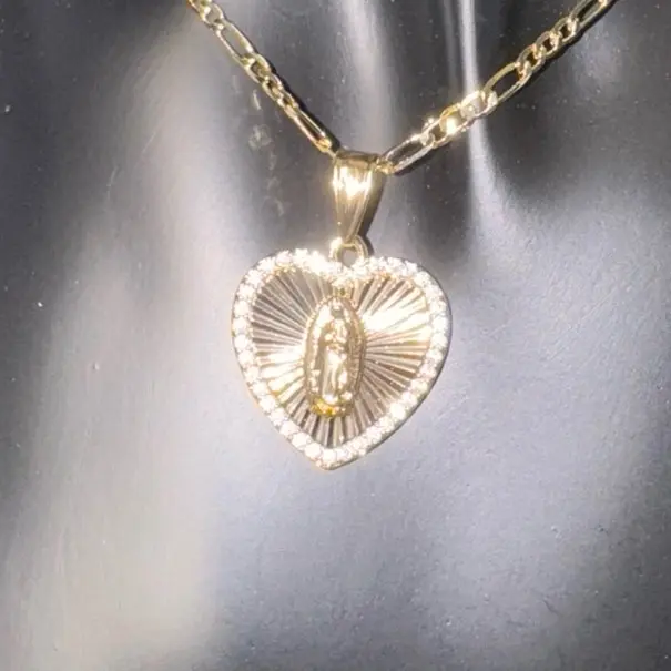 14k Plated Gold Virgin Mary Necklace with Heart-Shaped Pendant and Sparkling Accents