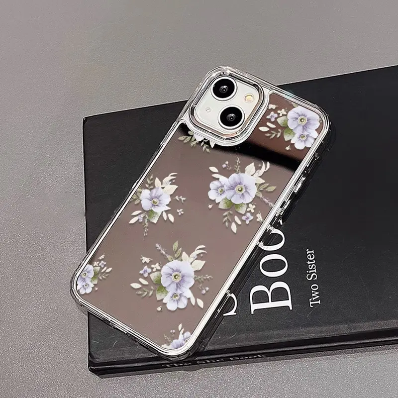 Purple tulip flowers pattern Mirror phone case for iPhone 15 16 14 Promax 13 12 11 XR XS Plus Shockproof Non Sliprotection Sllicone Transparent Acrylic Large Holeover Cellphone Protectiveoliby Silicone Crystal Lights Smartphone Casing Cover