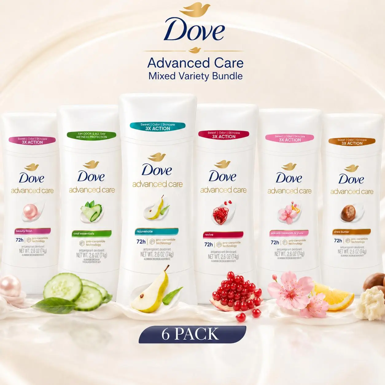 Dove Advanced Care Women's Antiperspirant Deodorant Stick, 6-Pack Multi-Pack with Assorted Fragrances including Shea, Body Care Gift Set, 2.6oz