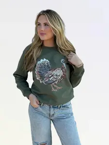 Faux Rhinestone Turkey Sweatshirt - Olive Green Long Sleeve Crew Neck Casual Style for Fall