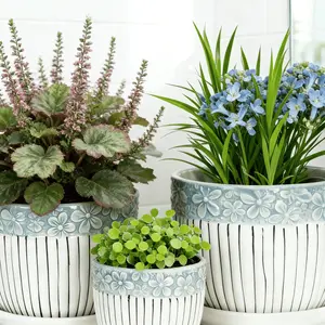 3-Piece Ceramic Planter Set with Built-In Drainage Trays Vintage Blue Floral Design Matte White Gray Finish Durable Non-Slip No Plants Included Perfect for Indoor Home Decor，Light Shiny Glossy Ceramic Planter Set