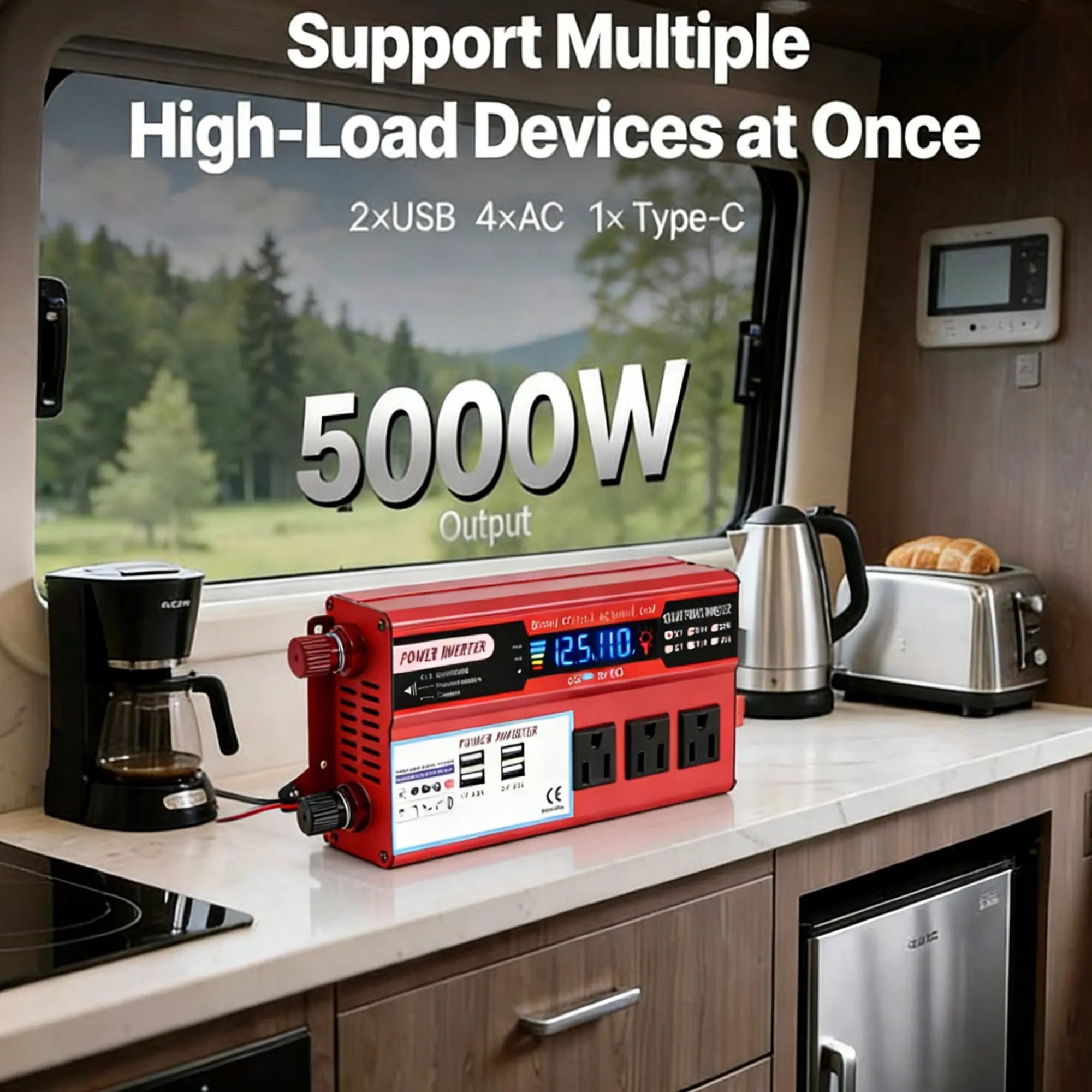 5000W Peak Power Pure Sine Wave Inverter DC 12V to AC 110V Home Car Power Converter, Intelligent LCD Digital Monitor, 4 Fast Charging USB Ports + 3 Standard US Sockets, Portable Voltage Transformer for Vehicle, Truck, RV, Camper,