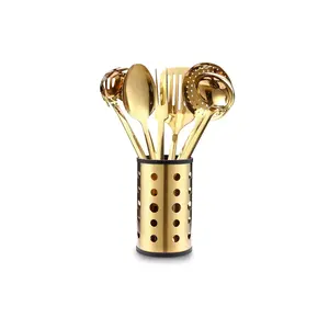 Kitchen Utensil Set, Stainless Steel Cooking Utensils Sets with Titanium Plated, 7 PCS Kitchen Gadgets, Turner, Serving Spoon, Ladle, Skimmer Spoons, Fork, Pasta Server and Holder, Gold