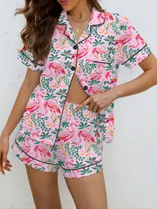 Women's Flamingo Print Pajama Set, Soft Shirt Collar Top & Elastic Shorts, Casual Home Wear, Holiday Gift, All Seasons Comfortable Sleepwear