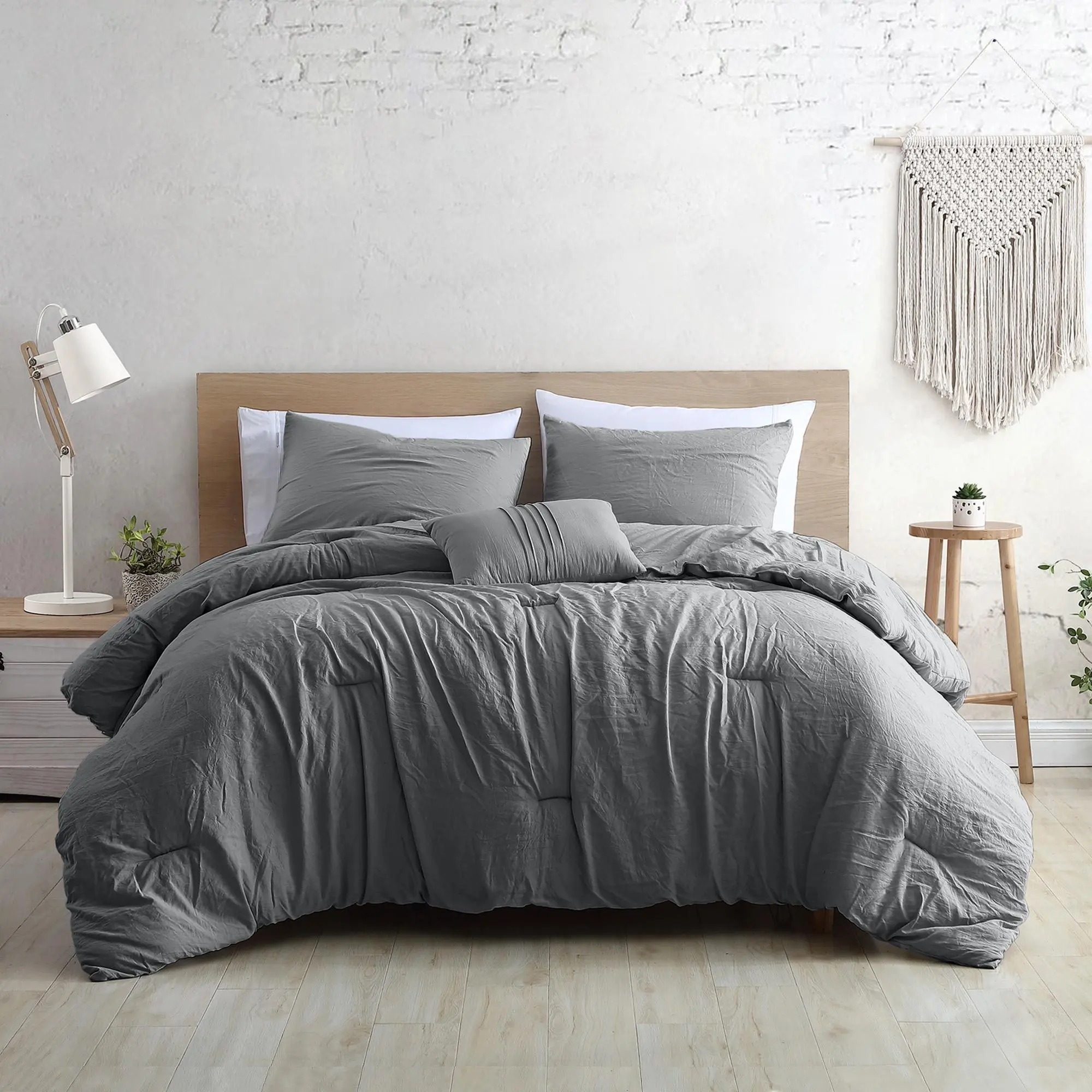 Modern Threads Beck King Bed Set - 4-Piece King Bed Setup, Soft Microfibre Flat Weave Garment-Washed Comforter, Gray, All-Season Bedding Set, Machine Washable, Four Pieces