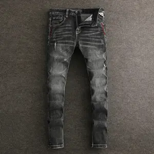 Designer Fashion Men Jeans High Quality Retro Black Gray Stretch Slim Fit Ripped Jeans Men Y2K Embroidery Vintage Denim Pants