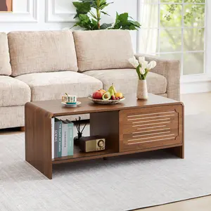 Giratree 43.3“ Mid Century Modern Coffee Table with Storage, Curved Profile Wood Coffee Table with Sliding Arched Door, Farmhouse Center Table Rectangle Coffee Table for Living Room, Office