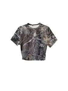 Women's Camouflage Print Round Neck Crop Tee, Casual Short Sleeve T-shirt for Daily Wear, Ladies Clothes for All Seasons