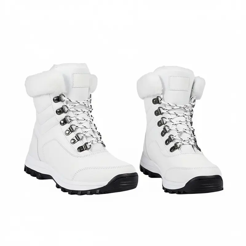 Women's White Waterproof Snow Boots, Round Toe, Plain Look, Fur-Lined with Warm Plush Lining, Lace-Up, Ideal for Cold Weather Walking and Hiking