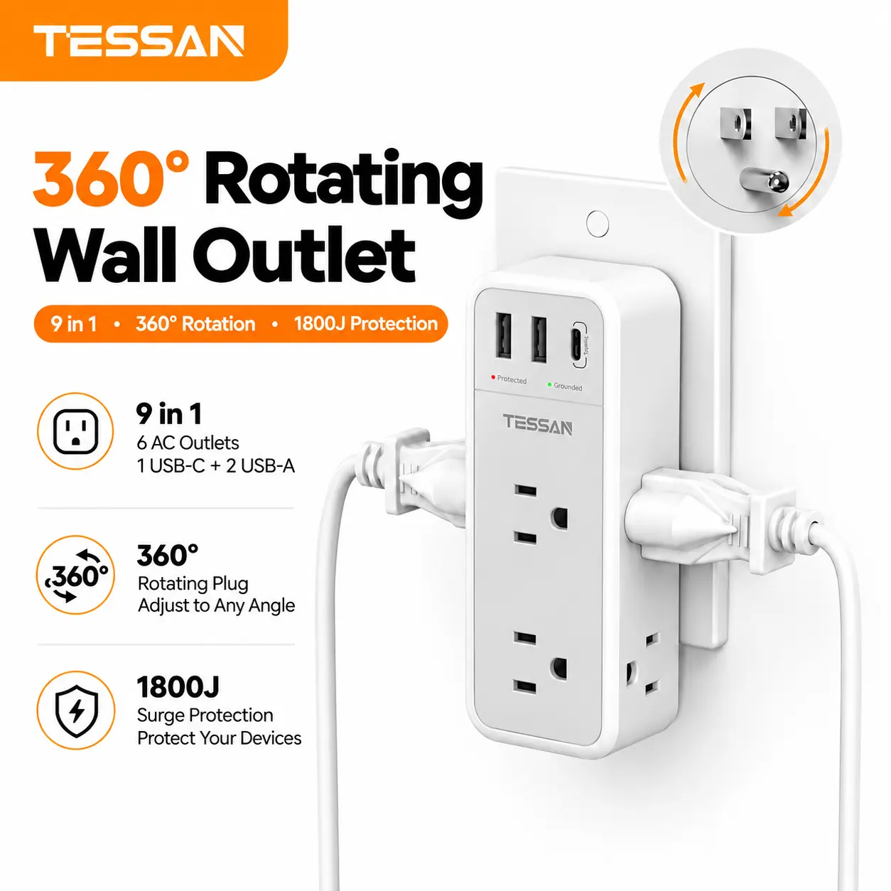 TESSAN 360° Rotating Wall Outlet Splitter, 9-in-1 Wall Outlet Extender with 6 AC Outlets, 3 USB Ports (1 USB-C + 2 USB-A), 1800J Surge Protector, 1875W, 3-Sided Plug Expander for Home, Office & Dorm