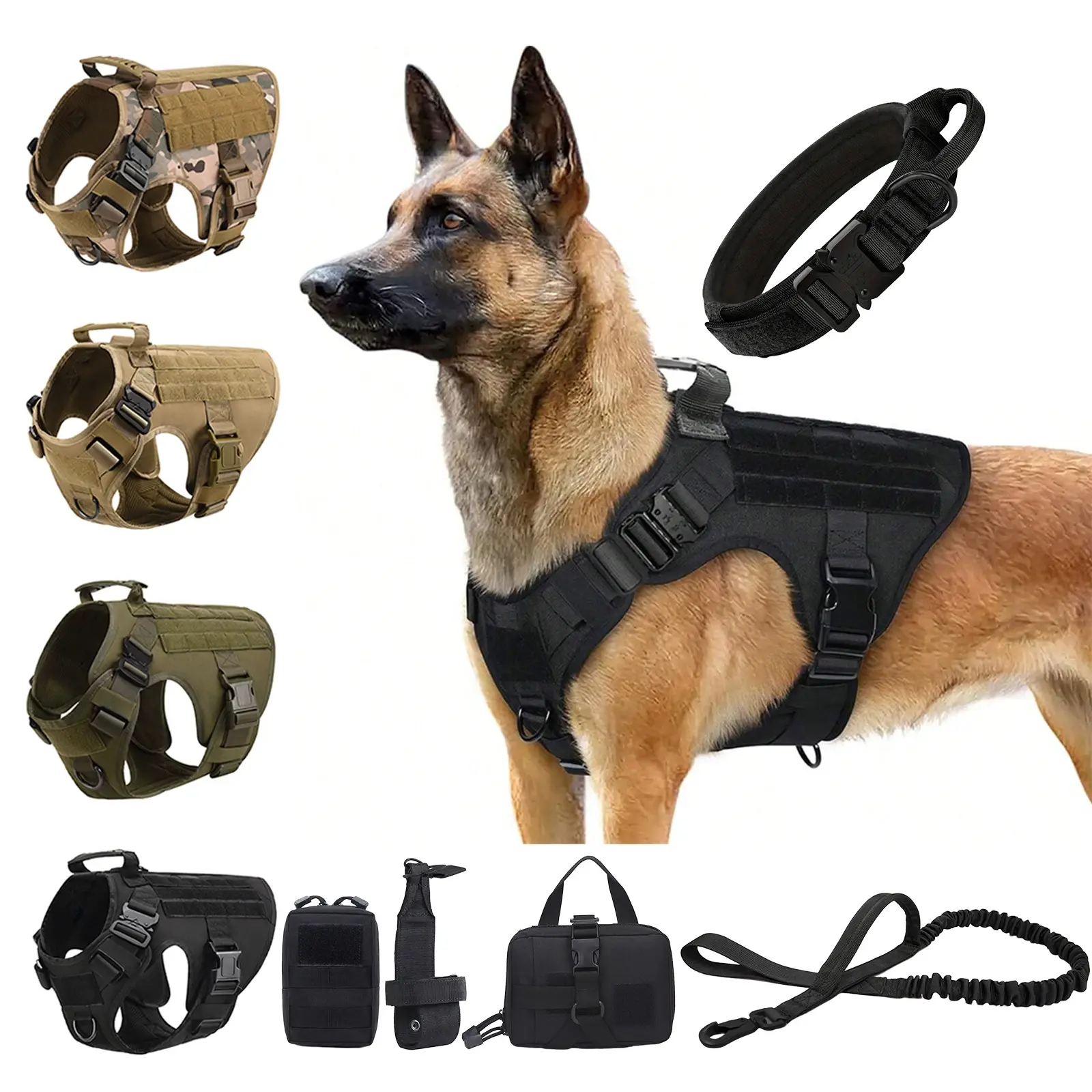 Tactical Dog Harness & Leash Set - Heavy-Duty Molle Chewproof Quick-Release Vest Harnesses for Training, Outdoor Adventures, Medium to Large Breeds like German Shepherds, Chewproof Vest Harnesses