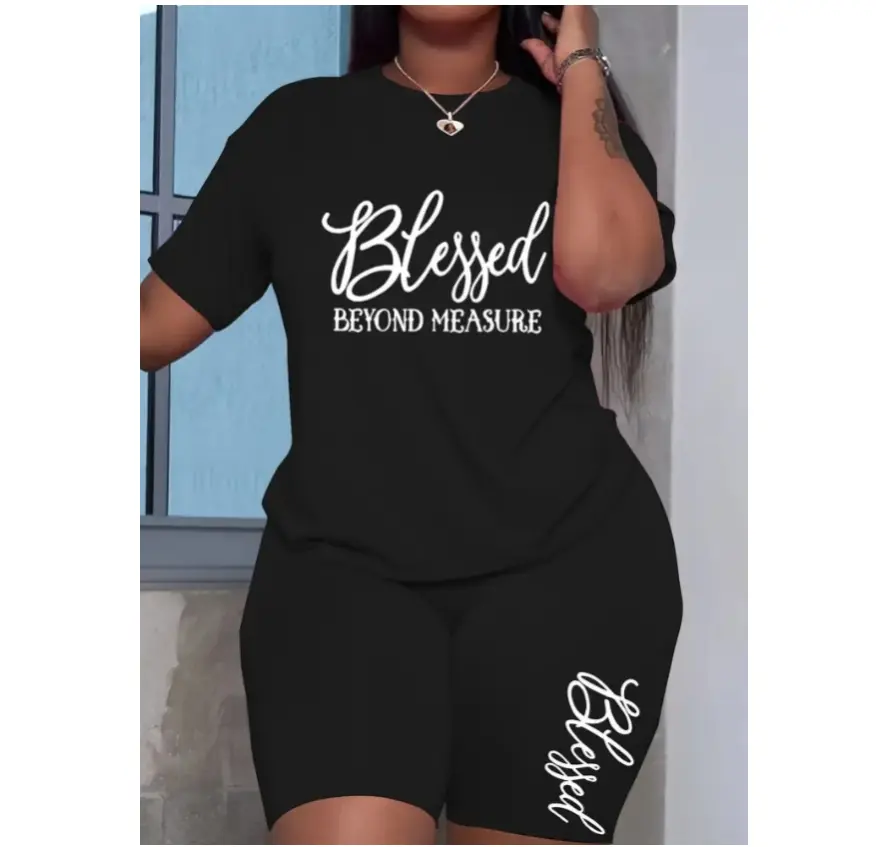 Plus Size Women's 2-Piece Loungewear Set - Casual Short Sleeve Crew Neck Light Polyester Tee & Biker Shorts, Adjustable Gym & Everyday Style Curvy Tracksuit Graphic