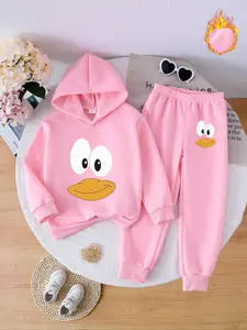 Cute Cartoon Duck Print Hoodie Set for Girls, Fall & Winter Casual Fitted, Cozy Lounge Set, Comfortable Jogger Pants, Perfect Gift Idea, Hoodies, Long Sleeve
