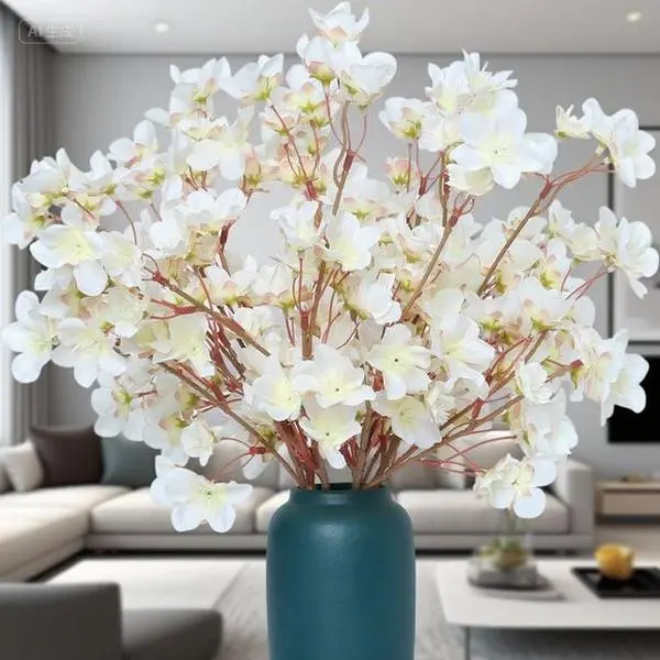 16" Silk Faux Cherry Blossom Branches Artificial Flowers for Home Decor Spring Wedding Bouquet Japanese Style Table Centerpiece Bedroom Party Decoration Reusable Realistic Floral Arrangement (White) Decorative Fruit Plants Set Wall Ornaments