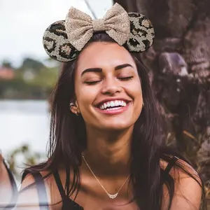 2-Pack Women's Sparkly Sequin Bow & Leopard Print Mouse Ears Headbands - Cute One Size Fits All Hair Accessories with Golden-Tone Bow & Leopard Print/Polka Ears for Halloween, Christmas, Birthday Parties, Cosplay & Costumes (Officially Lice