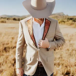 Men's Western Style Blazer with Embossed Leather Collar | Stylish Cowboy-Inspired Jacket | Casual Country Event & Daily Outfit Slim Formal Two-Piece Suit Fit 2-Button Stretch Modern Plaid pyramid black and white wedding Long Sleeve Clothes