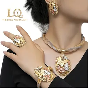 LQ Luxury 4-Piece Tri-Tone Butterfly Jewelry Set - Twisted Mesh Necklace, Bracelet, Earrings & Ring - Colorful Enamel Floral Crystal Pendant - Mixed Metal Gold Silver Rose Gold Statement - Gift for Party & Summer Jewelry Exhibition