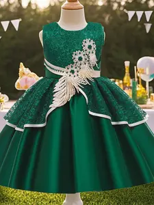 Girl's Floral Embroidery Elegant Sweater Dress, Cute Puff Sleeve Round Neck Knit Dress for Party Holiday Wedding Guest, Kids Clothes for All Seasons