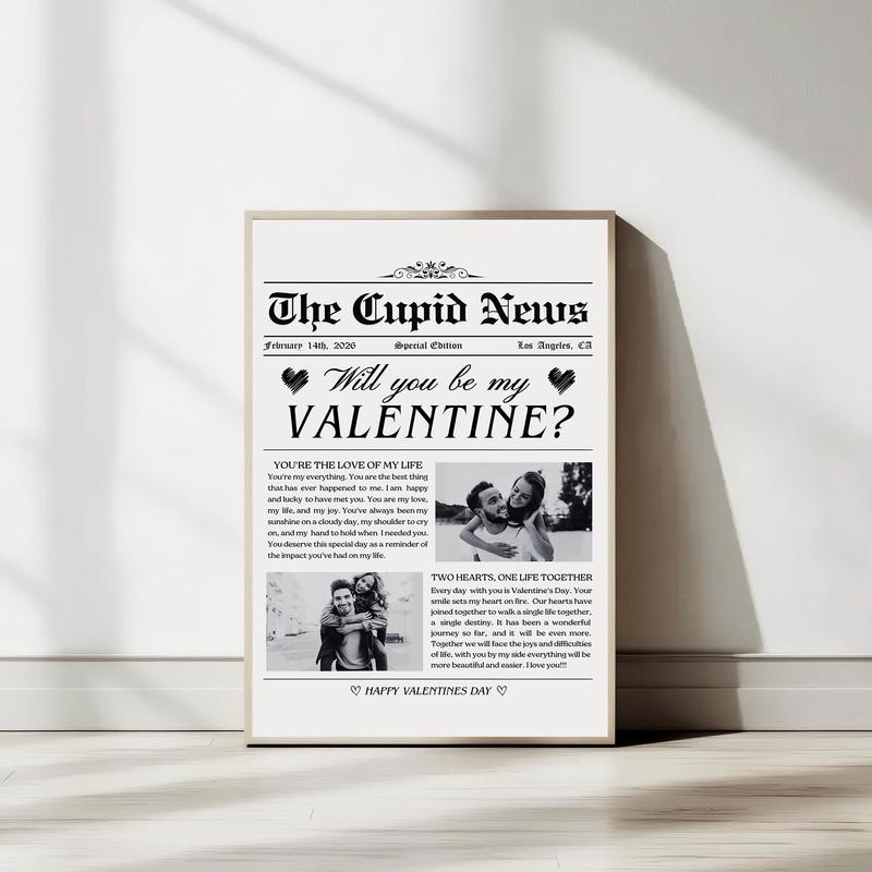 CUSTOM Valentines Day Newspaper Poster, Will You Be My Valentine Art Print, Gift For Lover, Couple Room Decor