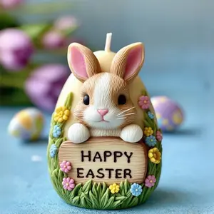 Easter Egg Candle Silicone Mold, Handheld Happy Easter Wooden Sign Cute Bunny & 3D Flower Scented Candle Making Mold
