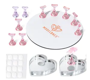 Modelones Nail Stand Set, Magnetic Press On Nails Holders Aurora Pink Plus Kit Standard Pinky Nail Stands for False Nail Tips Practice Round Metal & 2 Heart Display Bases 200PCS Sticky Tabs Nail Art