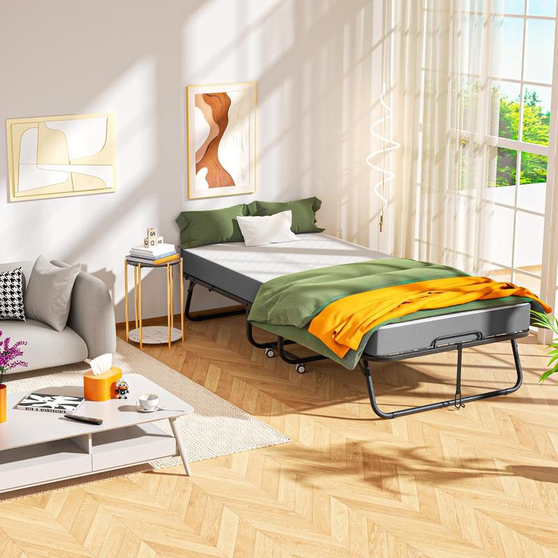 INTERGREAT Folding Bed with Mattress, Roll Away Beds with Mattress for Adults, Single Cot Foldable Rollaway Beds, 75" x 38" / 75" x 31"Portable Bed for Easy Storage, Strong Frame for Guest Room, Small Apartment