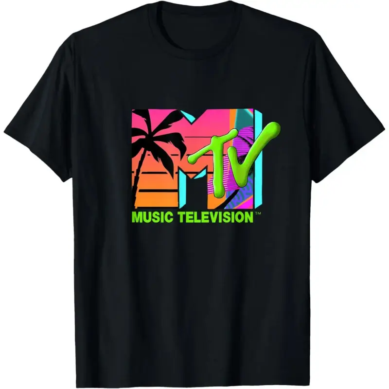 100% Cotton Lightweight Mademark x MTV Official Logo Tropical Print T-Shirt - Minimalist Simple Short-Sleeve Sports Top, Casual Graphic Tops for Outdoor Activities, Classic, Soft, Breathable, Casual Wear, Fabric, Dtf Printing, Mtv Logo, Fade Resistant, Sh