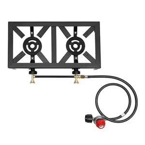 Black Double Burner Camping Gas Stove 8000W 18.9x9.84x4.53In Cast Iron 3.9ft Hose for Outdoor Picnic BBQ RV Cooking