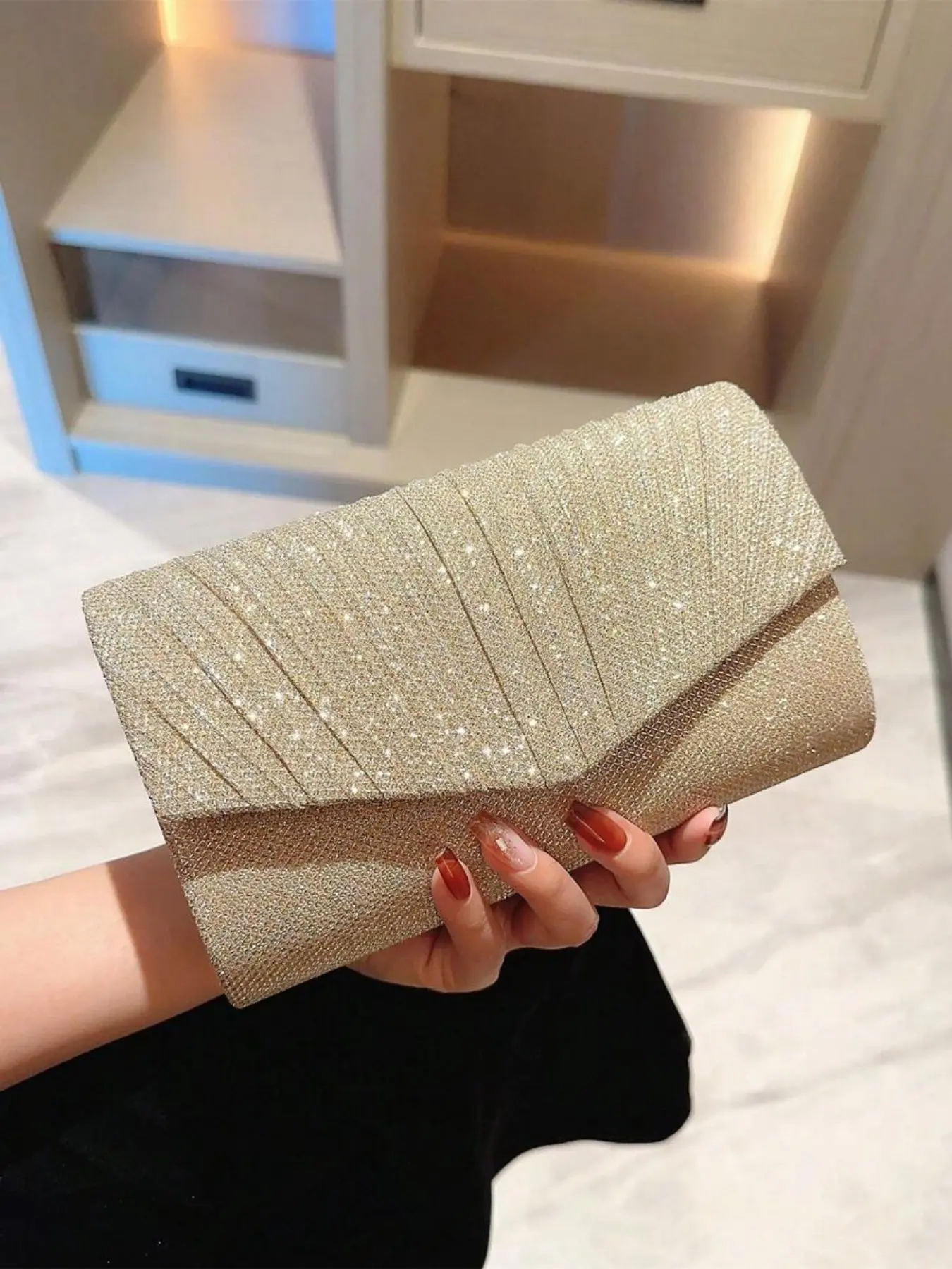 Women's 1 Piece Minimalist Elegant Plain Glitter Evening Bag, Solid Evening Bag with Chain Strap For Party & Dating & Wedding, Glittery Clutch Bag, Fashionable Embellished Clutch, Evening Clutch Purse