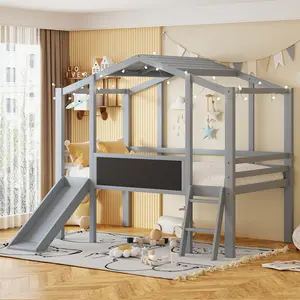 Dreamzon Twin Size Stable Loft Bed - Sturdy Slide, Ladder, Roof Blackboard, LED Light Strip, 6 Inches Feature, 102.03 lbs Capacity, 220 lbs Weight Limit, Gray Indoor Furniture, 78.9in L x 72.7in W x 70.7in H