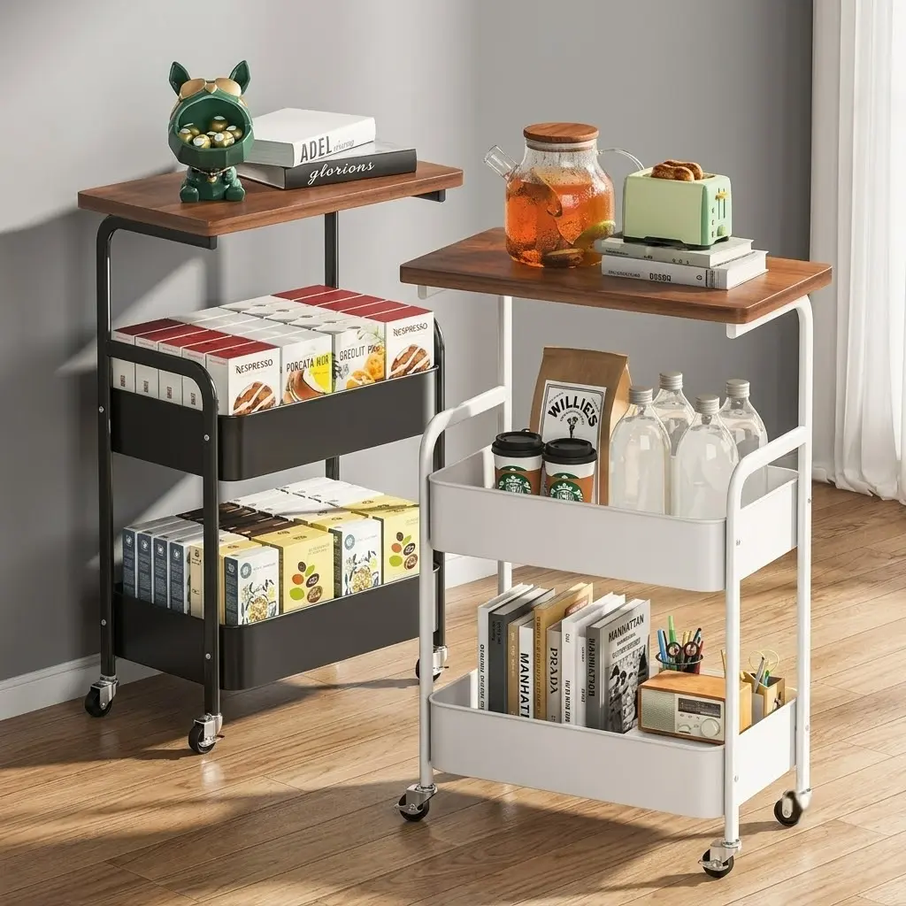C-Shaped Rolling Side Table with Storage Basket, Mobile Sofa End Table with Wood Top & Lockable Wheels, Perfect for Living Room, Bedroom, Couch & Bed
